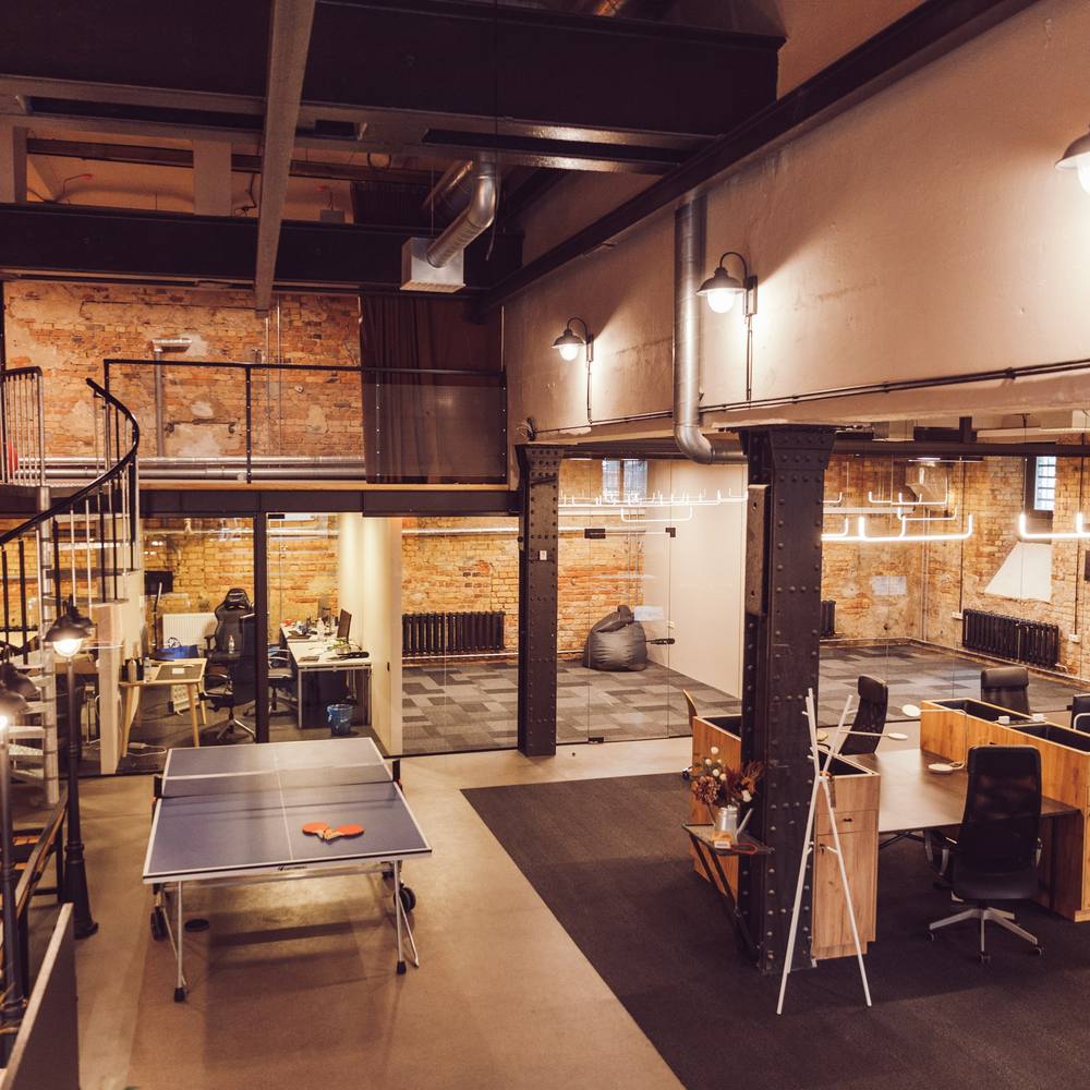 Loft floor with workstations at Double9 coworking, Riga