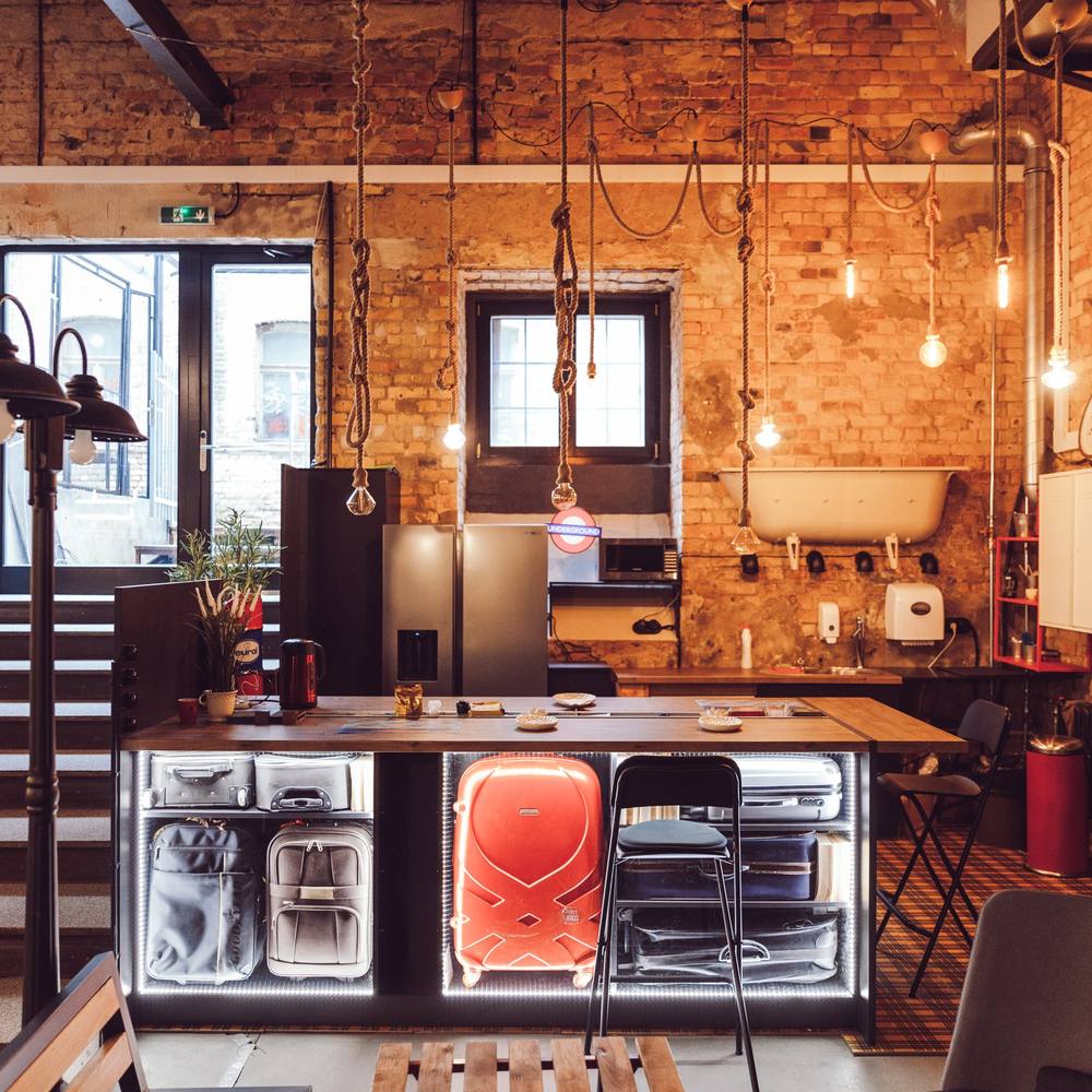 Kitchen and bar area at Double9 coworking, Riga